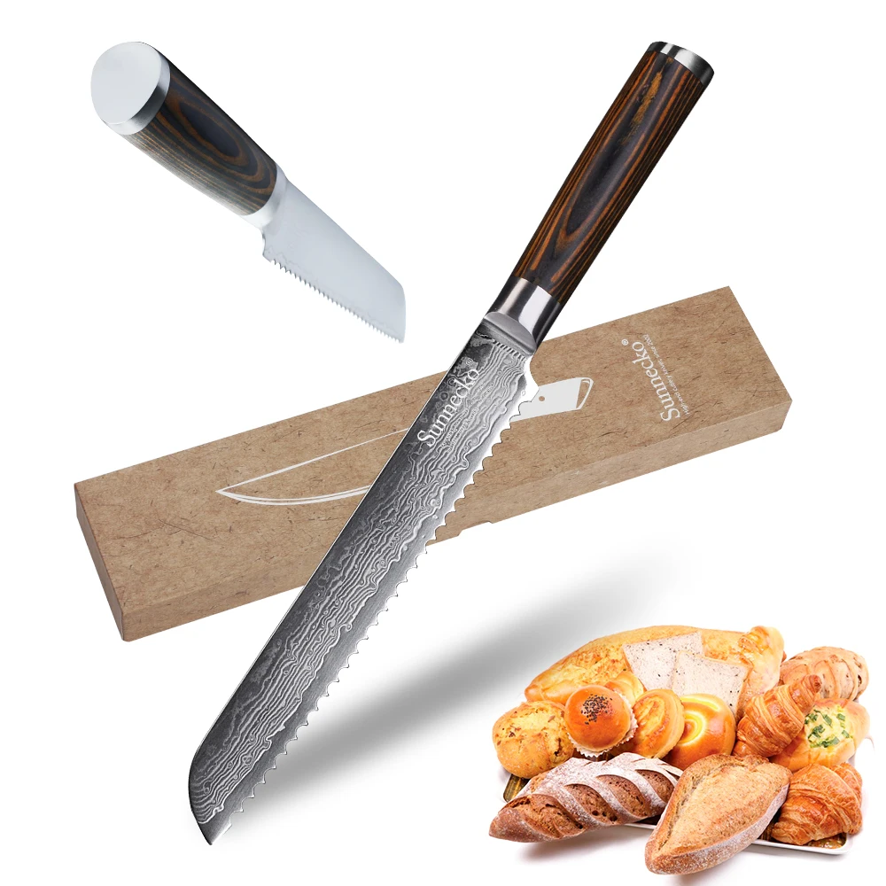 

SUNNECKO Chef Bread Cake Knife Kitchen Knives 8" Cutter Tools Japanese Damascus VG10 Steel Blade Razor Sharp Color Wood Handle