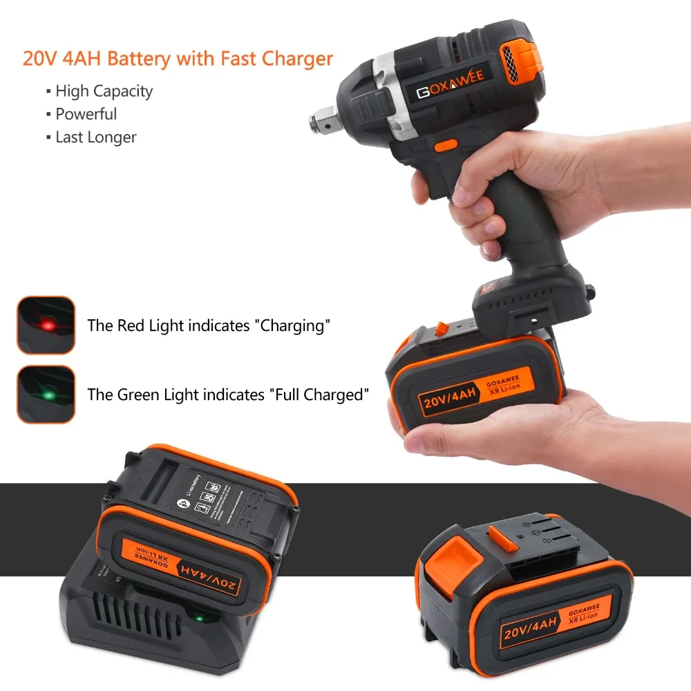 GOXAWEE 40000Amh аккумуляторная электрическая ключ, дюймовый стандарт 21V бесщеточный ударный гайковерт пневматический разъем ключ, дюймовый стандарт зарядки литий-Батарея ручная дрель Мощность инструменты