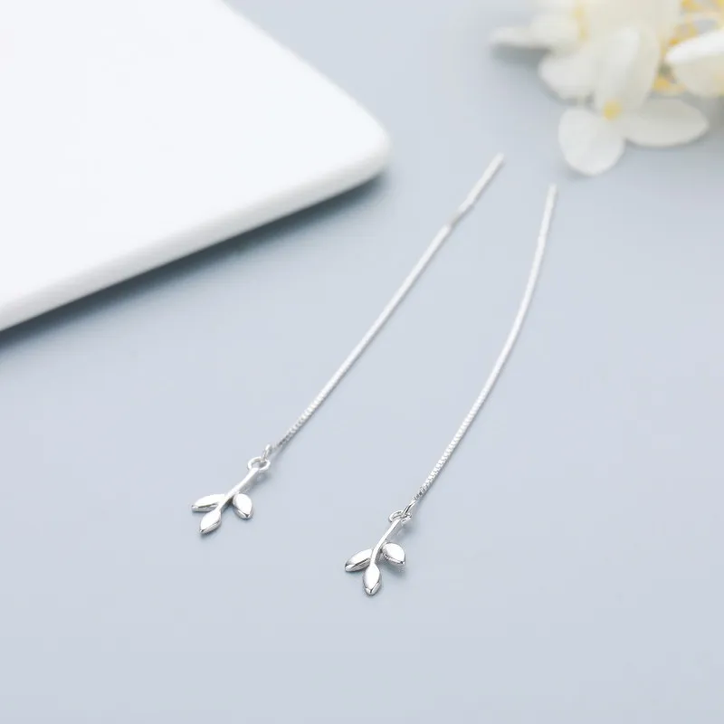 

S925 sterling silver leaves tassel long earrings ladies simple fashion small fresh earrings jewelry gift 6-ES3081