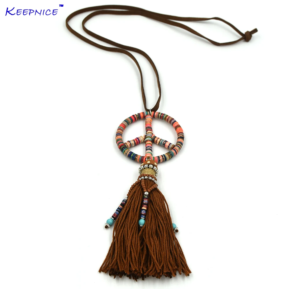 

New handmade cotton tassel beaded peace symbols pendents necklace boho Bohemia statement Maxi Necklaces for sea beach