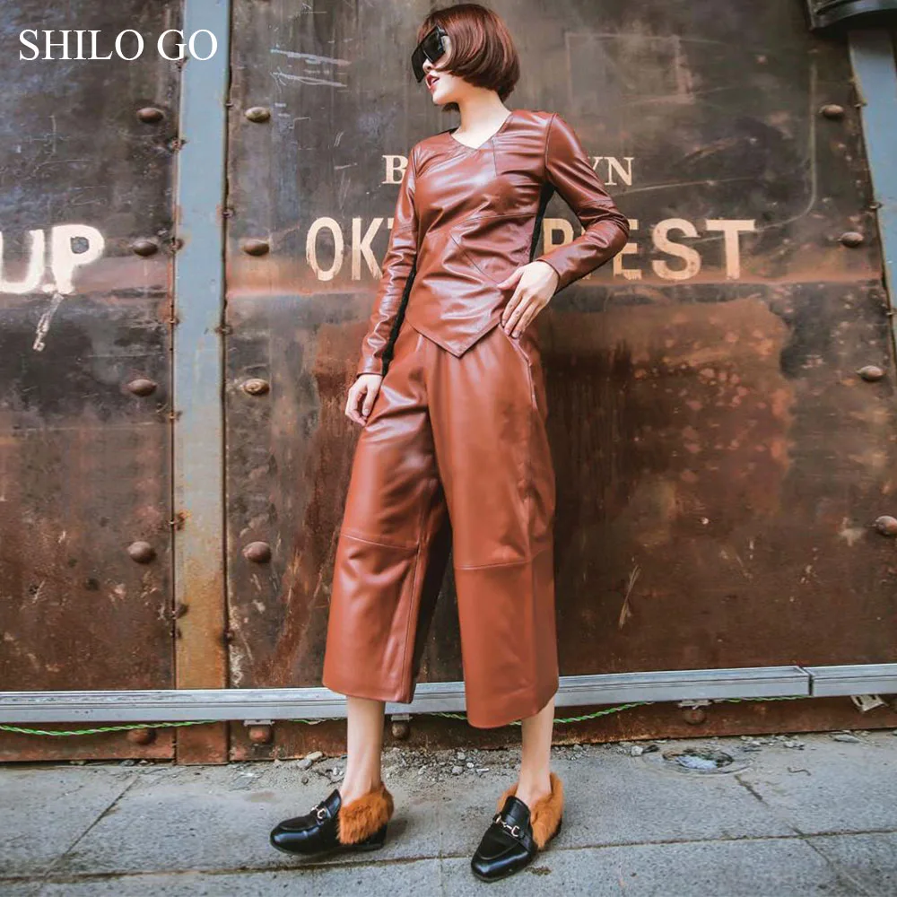 Женские кожаные брюки SHILO GO летние коричневые широкие из натуральной овечьей