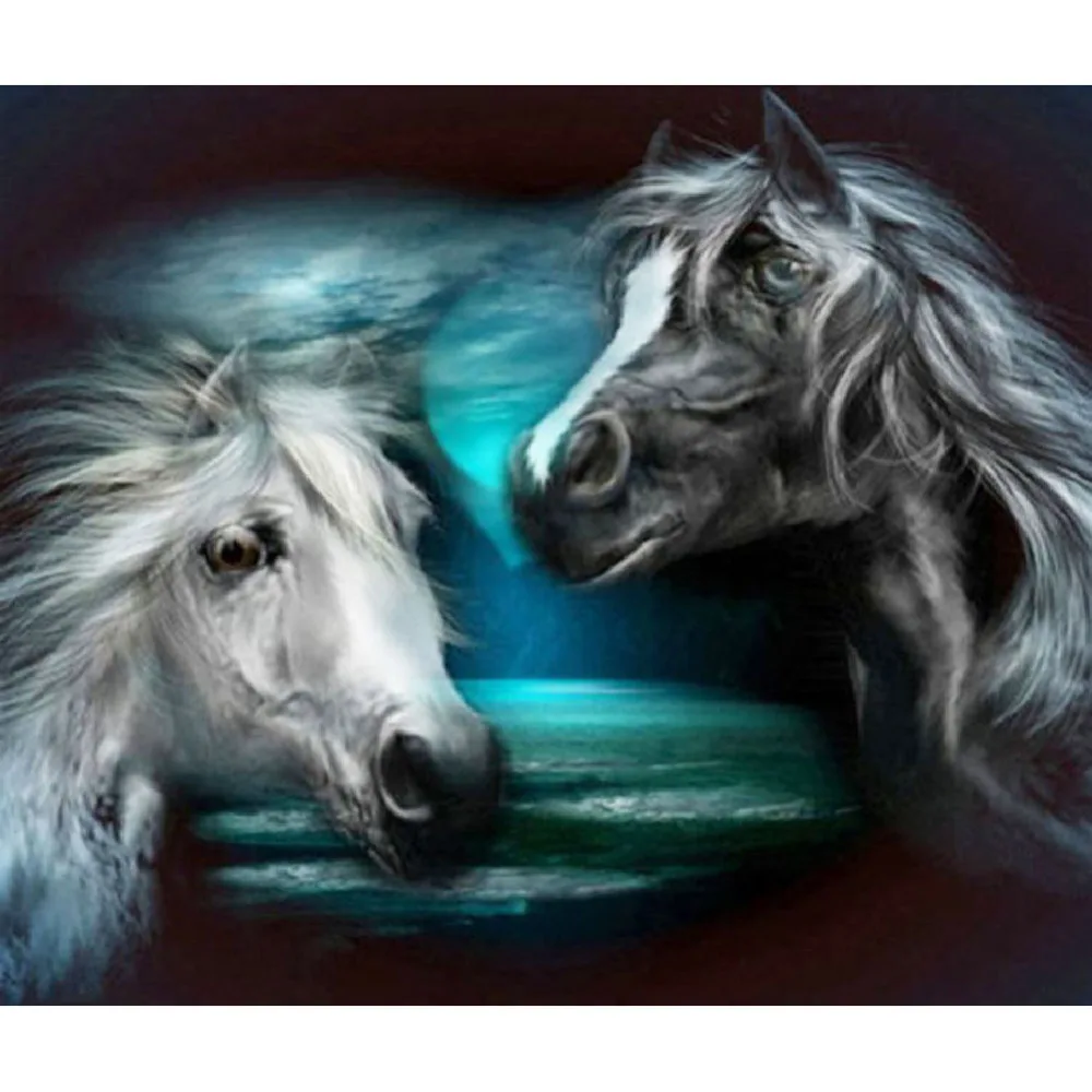 

Алмазная 5D картина «сделай сам», полная круглая мозаика с черной и белой лошадью, художественная вышивка, рисунок животных, настенная накле...