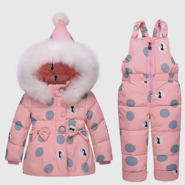 Big Polka Dot White Duck Down Winter Overalls For Girls Down Jacket and Pants Baby Snowsuit Newborn Infant Winter Clothing Set - Цвет: Розовый