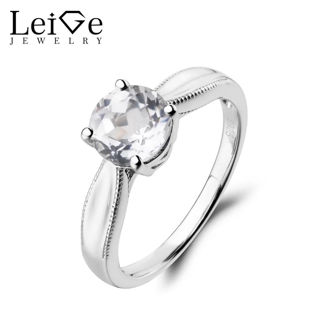 

Leige Jewelry Round Cut Natural White Topaz Ring Engagement Ring Gemstone 925 Sterling Silver Solitaire Ring November Birthstone