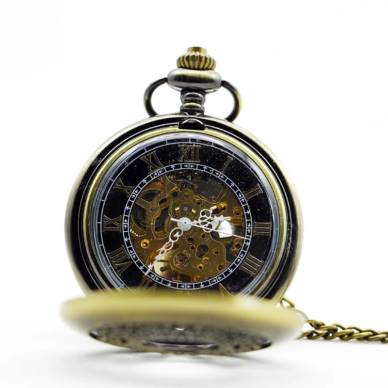 Bronze Mesh Hollow Relief Mechanical Pocket Watch Retro Steampunk Manual Winding Fob Chain Clock for Men and Women Holiday Gifts