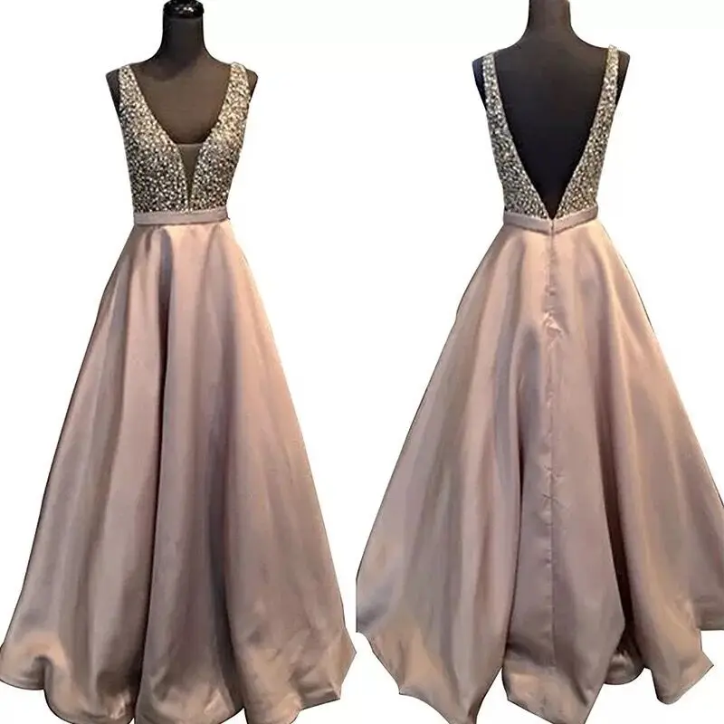 Vestidos, настоящая фотография, длинное вечернее платье с v-образным вырезом,, горячая Распродажа, бисероплетение, атлас, открытая спина, вечерние платья, вечерние платья для выпускного вечера