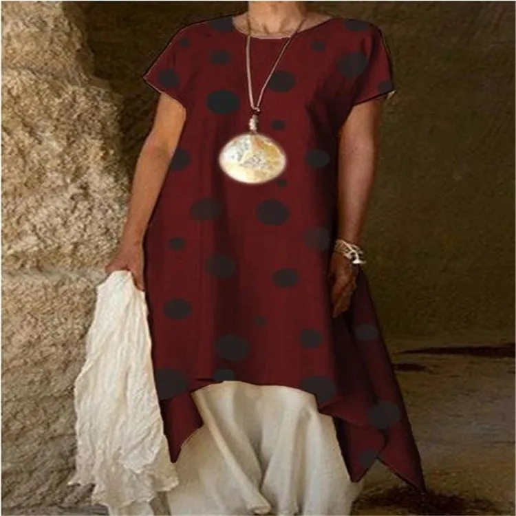 Fashion Office Lady Boho Maxi Woman Dress Polka Dot O Neck Vintage Beach Dresses Short Sleeve Party Vestido | Женская одежда