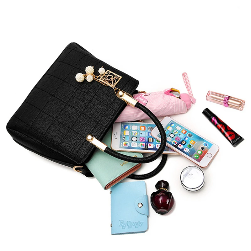 Очаровательная зона клетчатая нить женская сумка с жемчугом брелком-мячиком