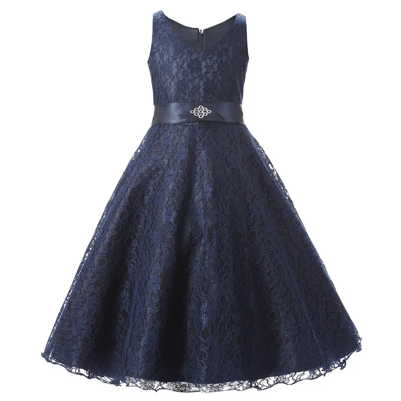 navy blue Простое детское платье на крестины белого, темно-синего цвета цвет слоновой кости, для детей от 4 до 15 лет, в рустикальном стиле кружевная свадебная одежда с цветочным узором, праздничные платья для девочек размер 12 - Цвет: navy blue