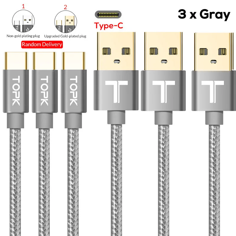 3-Pack TOPK 0,6 M/1,2 M/1,8 M usb type-C кабель с нейлоновой оплеткой для синхронизации данных type-C кабель зарядного устройства для samsung S9 Xiaomi MiA1 USB C - Цвет: 3x Grey Cable