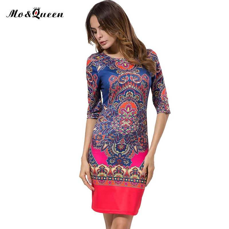 Осень Винтаж Платье 2017 Новая Мода Карандаш Племенной Печати Женщины Элегантный