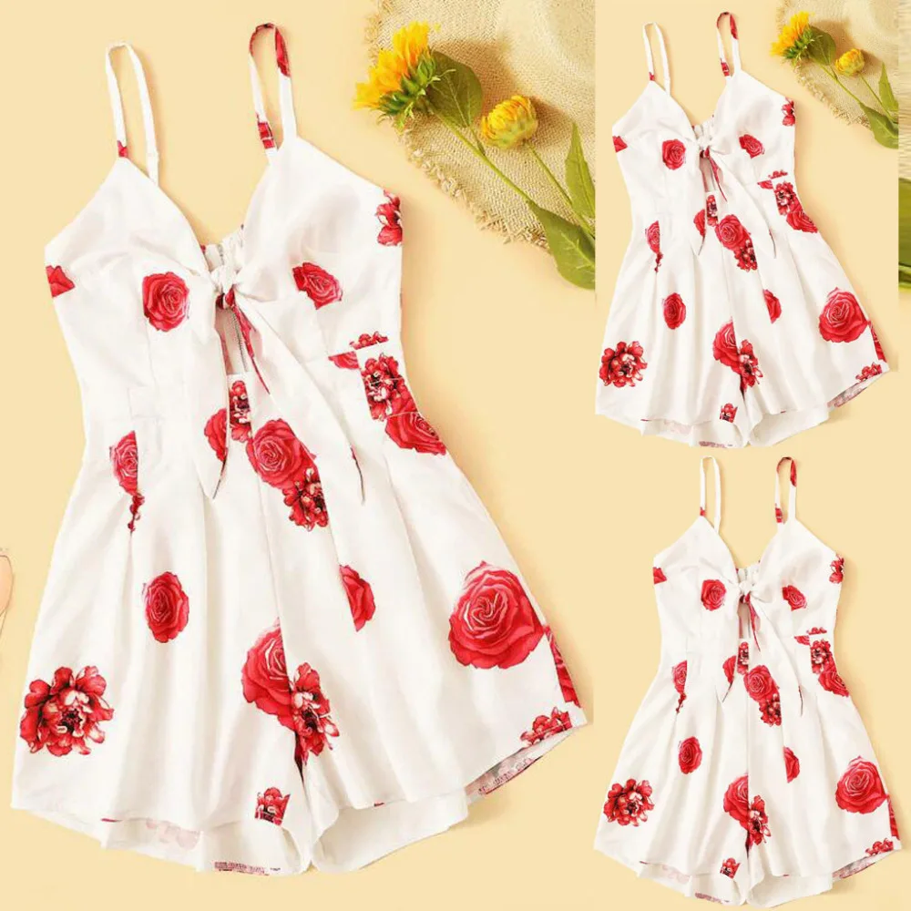 Модный женский комбинезон шорты повседневный с цветочным принтом и бантом на