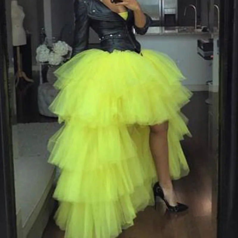 Trendy Orange Ruffles Tiered High Low Tulle Skirts Women Elastic Yellow Elastic Long Tutu Bridal Skirt Custom Made New