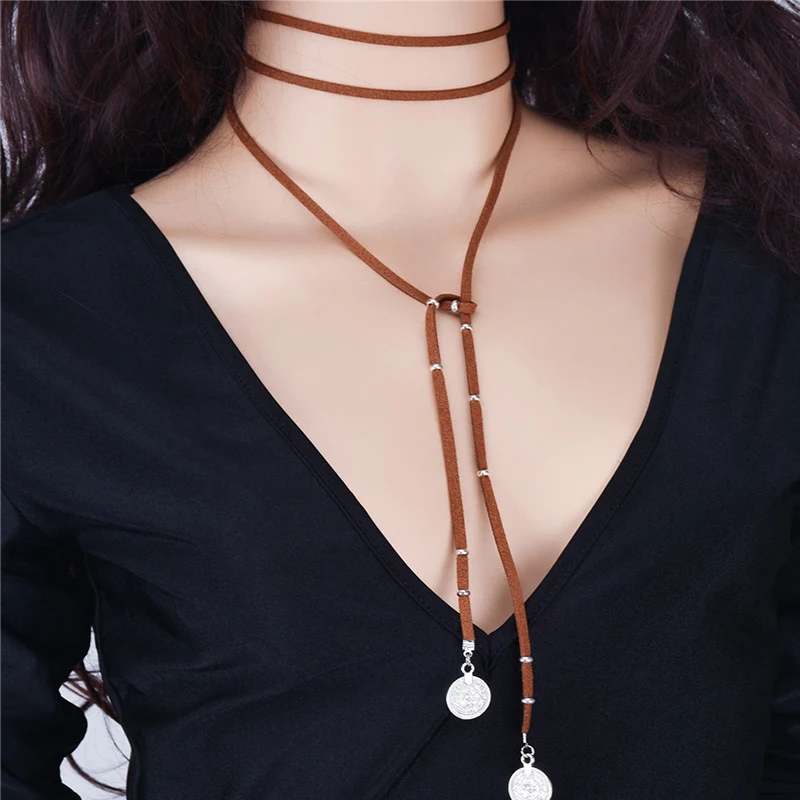 New Black Suede Leather Cord Necklace Fashion Long round Choker Statement Necklaces for Women Collier Bijoux Wholesale | Украшения и