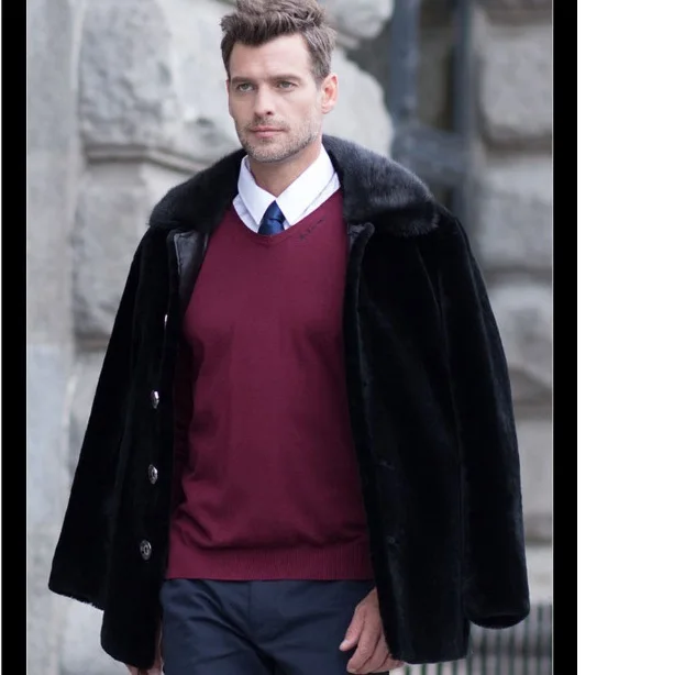 Пушистый деловой черный мужской искусственный шубы из меха с меховым воротником