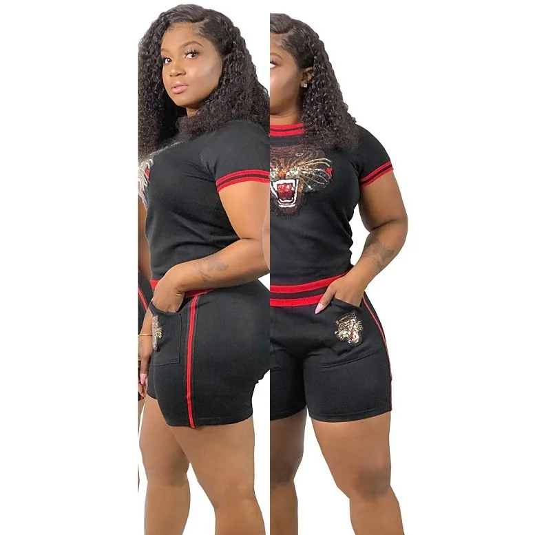Set Tracksuit Together Summer Short Sets Womens Club Outfits Two Piece Biker Suits O Neck Crop Top Shorts Plus Size Tracksuit - Цвет: 592988165583