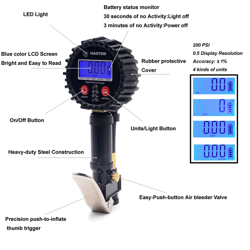 Цифровой шинный насос с манометром 0-200PSI воздушный патрон и компрессорные