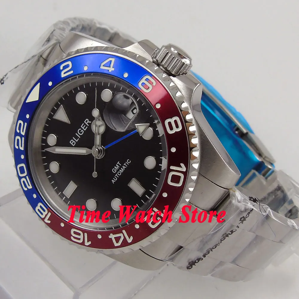 40 мм черный циферблат Светящийся синий GMT ручной сапфировое стекло