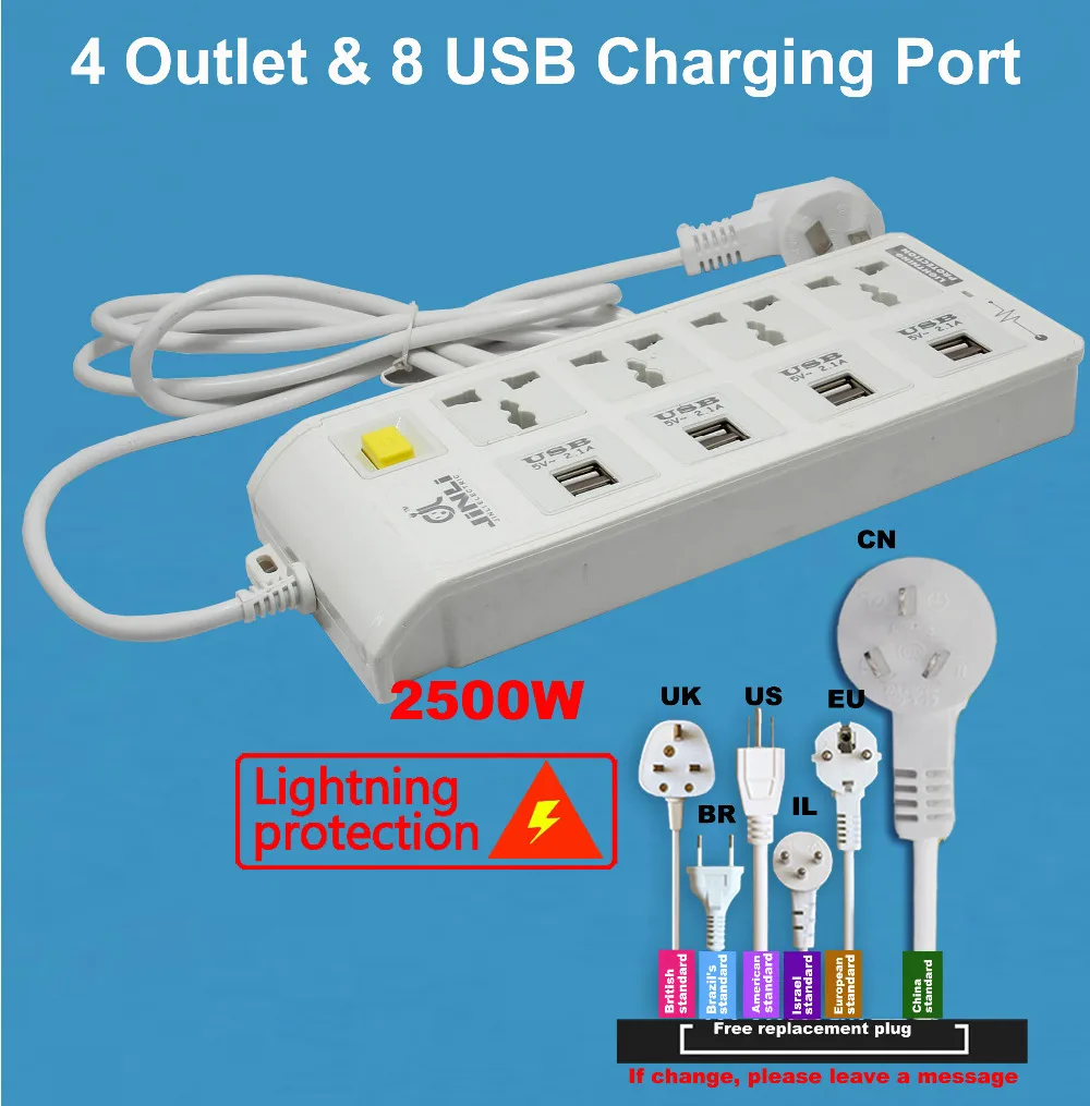 Удлинитель питания с европейской розеткой 8 USB(5 В/мА) 3 метрами/10 футов|usb 8|usb usbusb