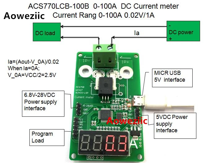

Aoweziic ACS770LCB-100B ACS770 0-100A DC Current meter Current Rang 0-100A 0.02V/1A