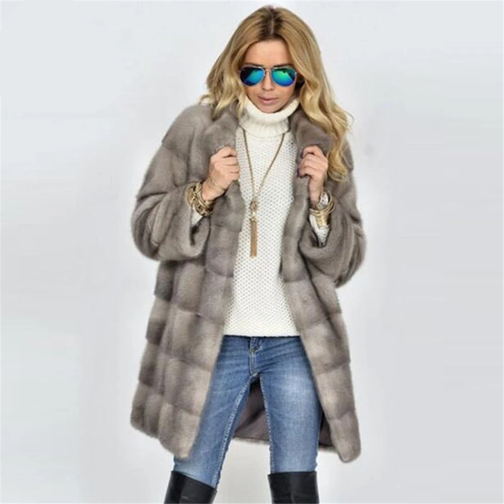 TOPFUR Winter Real Mink Fur Coat Women Natural Real Mink Fur Medium Coats Thick Warm Full Sleeves Coat Mandarin Collar Grey