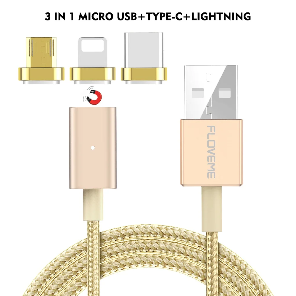 Gold Магнитный usb-кабель FLOVEME для iPhone X, 8, 7 Plus, быстрое зарядное устройство для Micro USB type-C, Android, магнитный светодиодный кабель с датой - Цвет: Gold