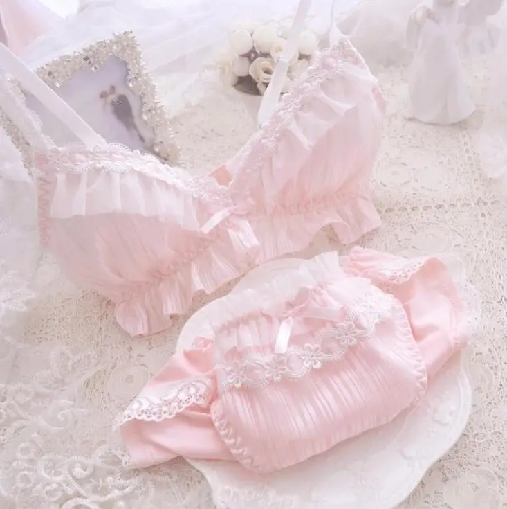 Pink Настоящая фотография Лолита сексуальный милый Kawaii мягкий беспроводной провод бесплатно бесшовные полосатые принты шифон бюстгальтер с оборками трусики нижнее белье - Цвет: Pink