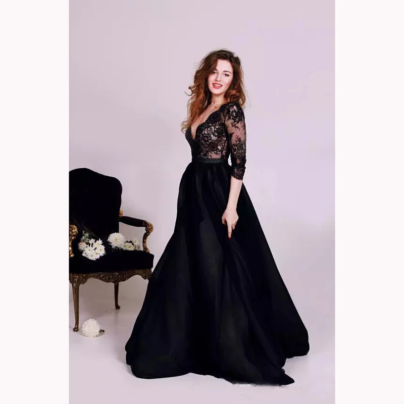 2017 черные длинные вечерние платья сексуальные с глубоким v образным вырезом для