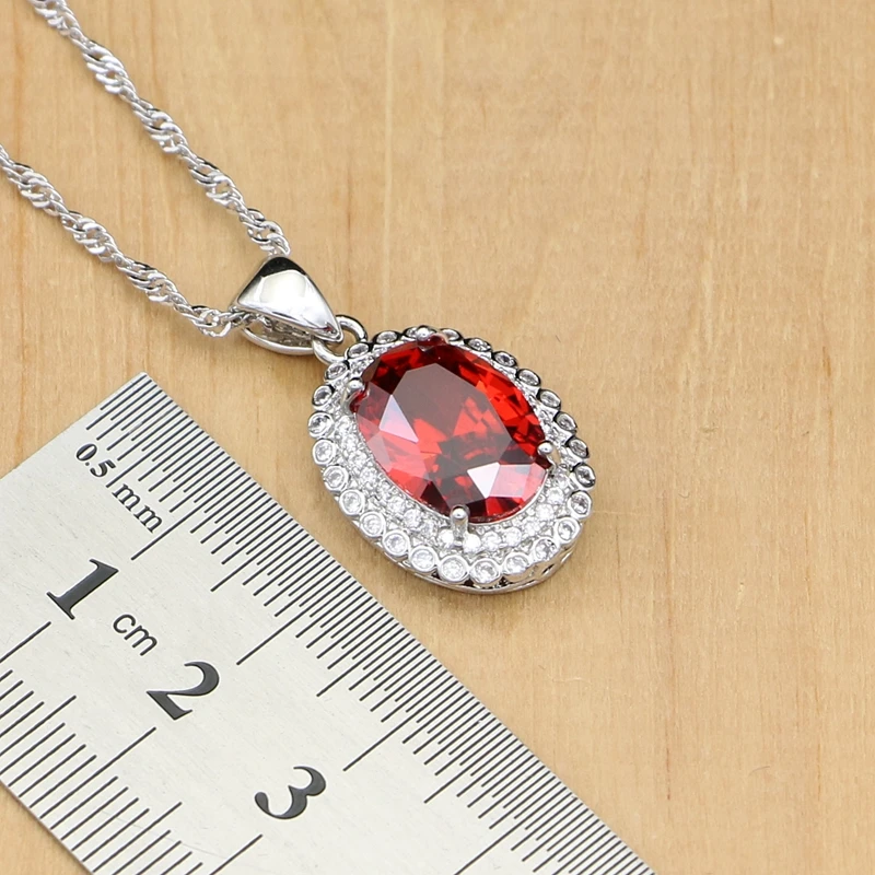 925 Sterling Silver Jewelry Set Red Cubic Zirconia White Crystal For Women Wedding Earrings Ring Bracelet Dubai Necklace | Украшения и