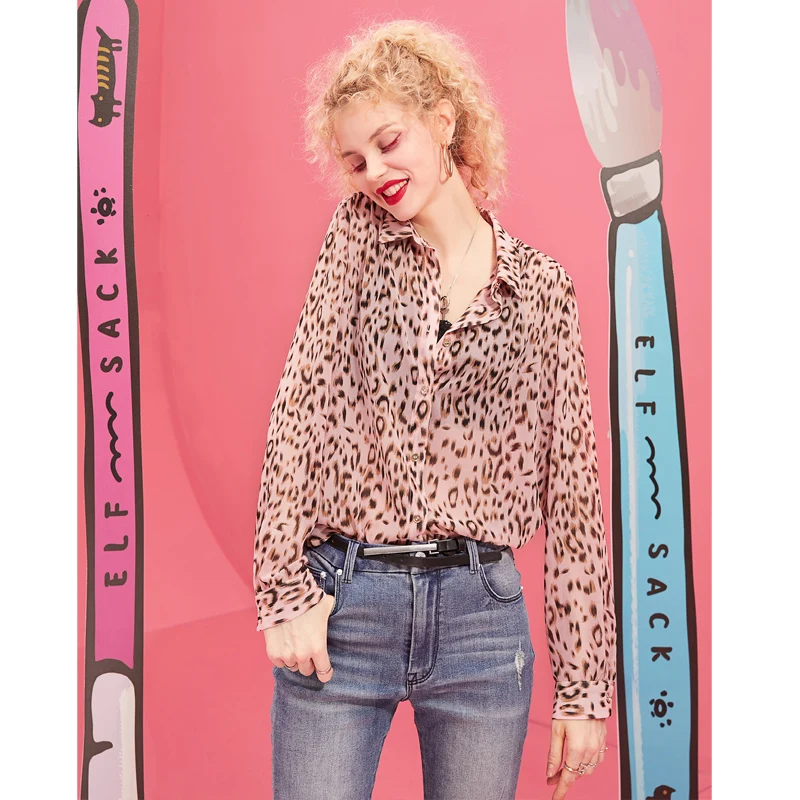 ELFSACK Casual Leopard Women Shirts 2019 Spring New Turn-down Collar Blouse Full Woman Chiffon Ladies Clothing | Женская одежда