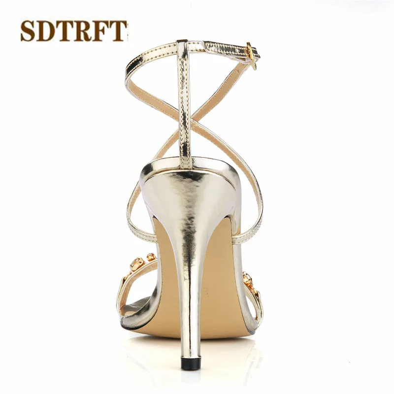 

SDTRFT Stilettos Plus:35-40 zapatos mujer 10cm Thin Heels Cross-strap shoes woman sexy Sandals Gold/Sliver Diamonds pumps