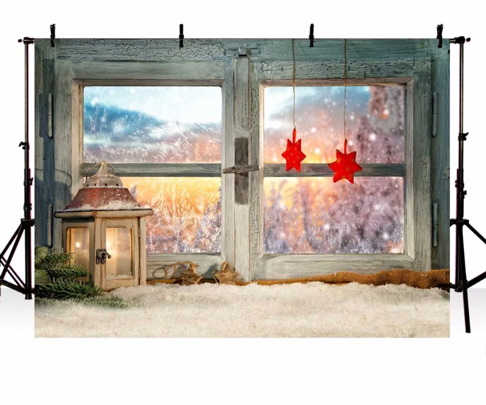 Рождественская фотография Фон Winer Window Снежинка свеча красная звезда дети