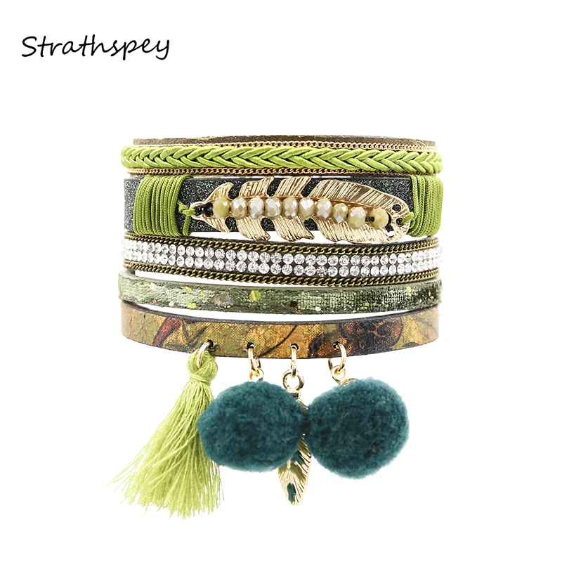 STRATHSPEY Модный женский многорядный стразы набор кисточка меховой шар PU пена
