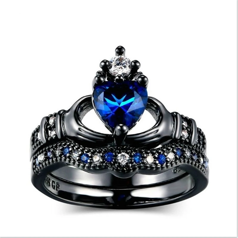 Женское кольцо с кристаллами черное короной и сердечком распродажа 2019|Кольца для