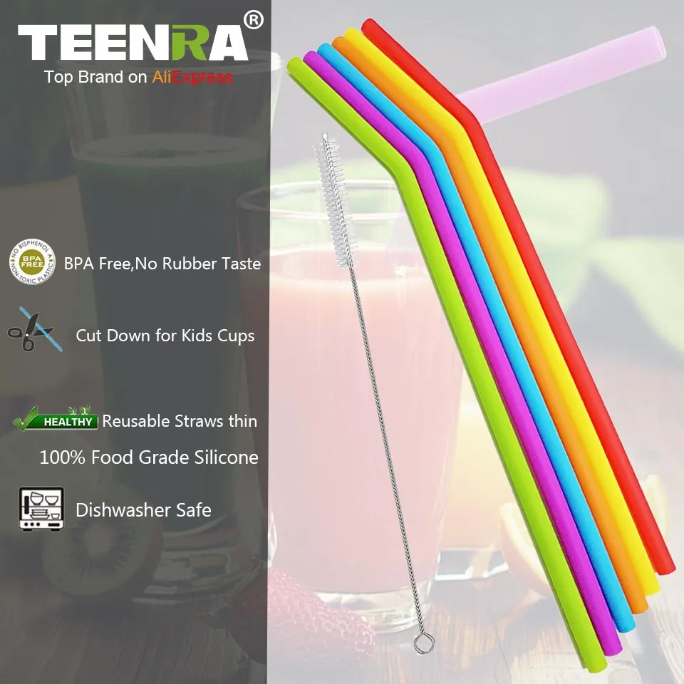 TEENRA 6 шт. диаметр 7 мм многоразовые силиконовые соломинки пищевой силиконовые соломинки для питья с чистящей щеткой вечерние соломинки BPA бесплатно