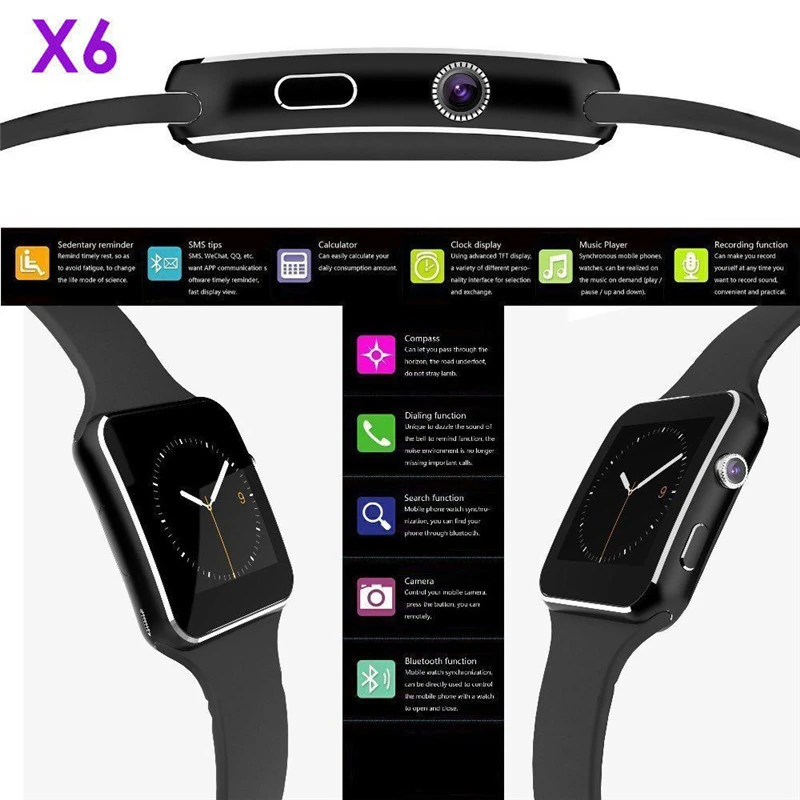 X6 Смарт-часы, водонепроницаемые, поддержка Bluetooth, sim-карта, камера, фитнес-телефон, часы для мужчин и женщин, Смарт-часы версия
