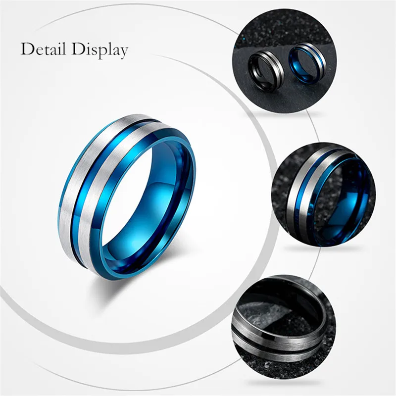 Men's Rings BASIC 8MM Wedding Engagement Band Black/Blue Stainless Steel Men Matte Brushed Center Male Jewelry Aneis Bague | Украшения
