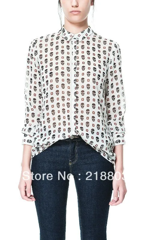 Free Shipping 2013 New Arrivals Womens Fashion Skull Printed Shirt Chiffon Blouse |