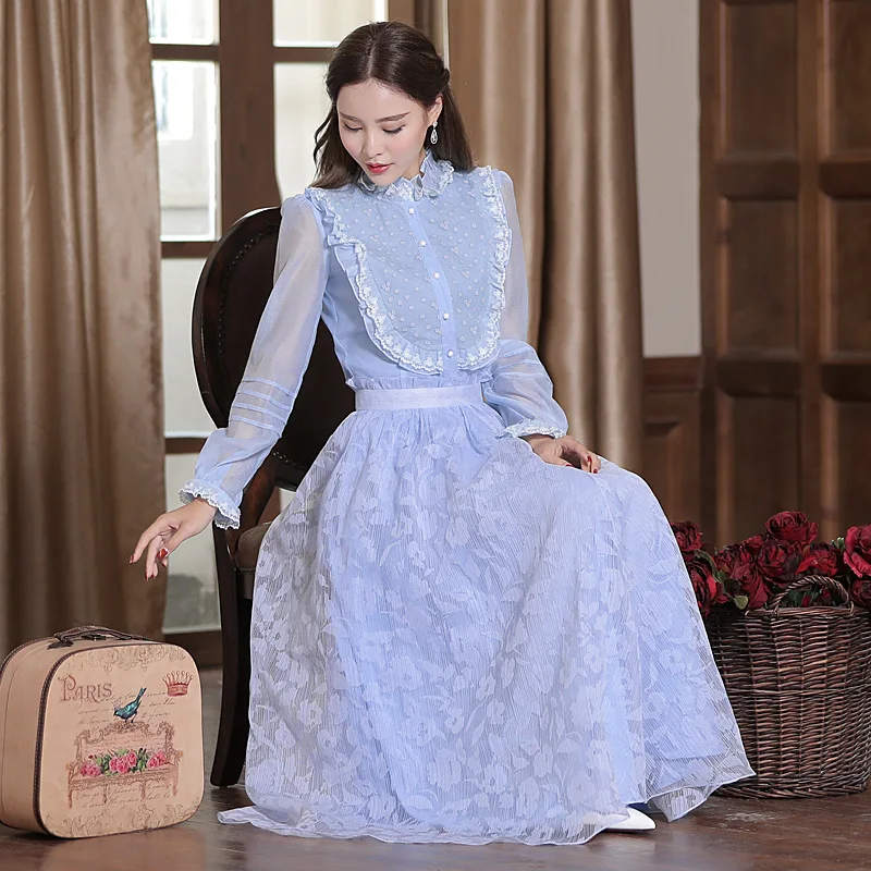 Shirts Polyester Women 2018 WoMen Blouses &amp Shirt Vintage Full Solid Stand Light Blue FGZ76 | Женская одежда