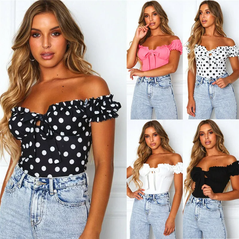 

Women Summer Casual Off Shoulder Top Dot Print T-shirts