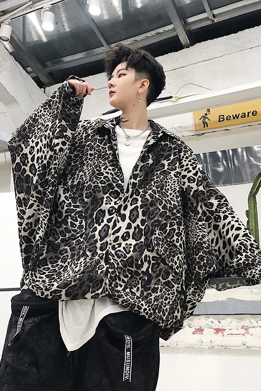

M-XL!!Summer Dark Hair Stylist Youth Loose Bat Sleeve Leopard Print Long Sleeve Shirt Men's Large Size Sun Protection Jacket.