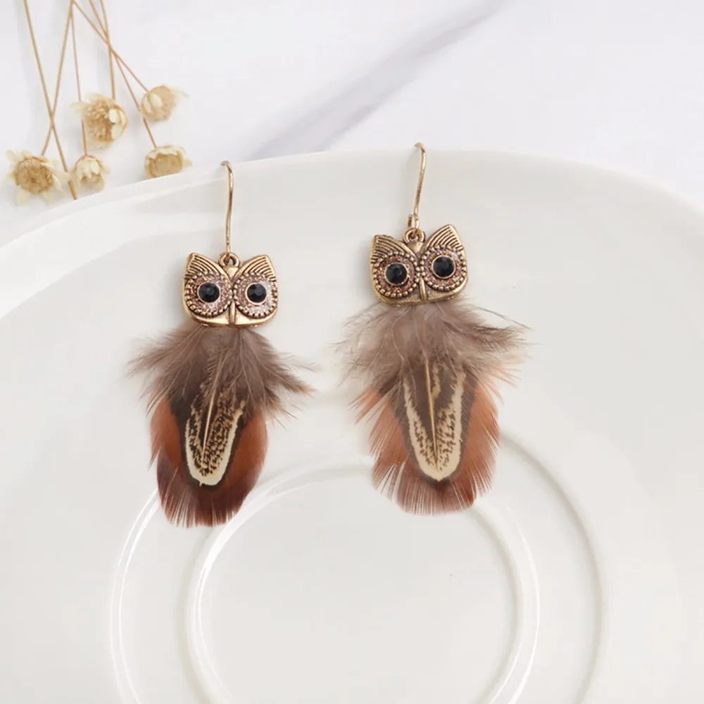 1 Pair Bohemia Owl Peacock Feather Crystal Earrings Dangle Earring Fashion Jewelry #249229 | Украшения и аксессуары