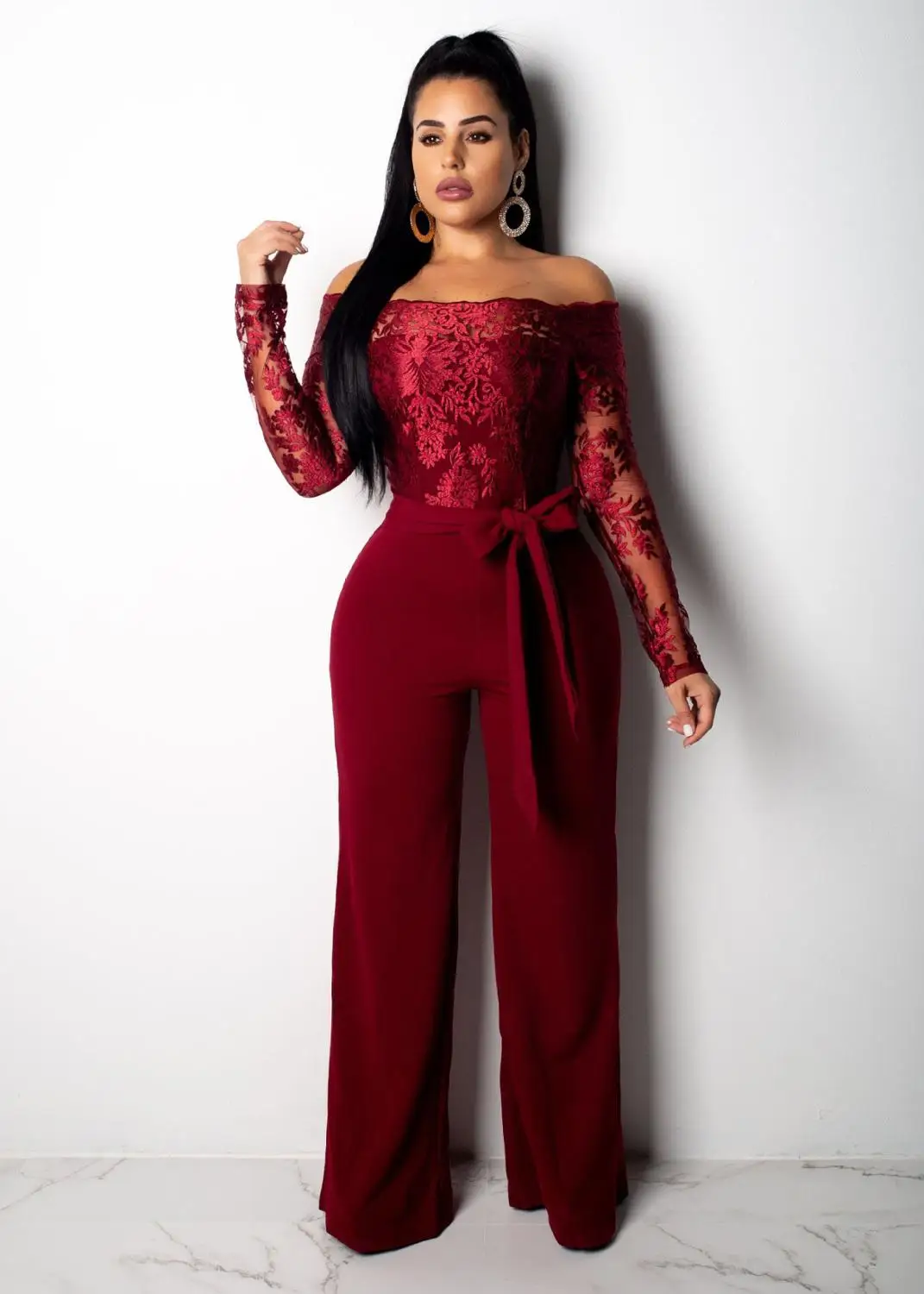 burgundy jumpsuit Элегантные кружева лоскутное комбинезон для женщин сексуальный с открытыми плечами с длинным рукавом широкие брюки для женщин комбинезон женский боди комбинезоны - Цвет: burgundy jumpsuit