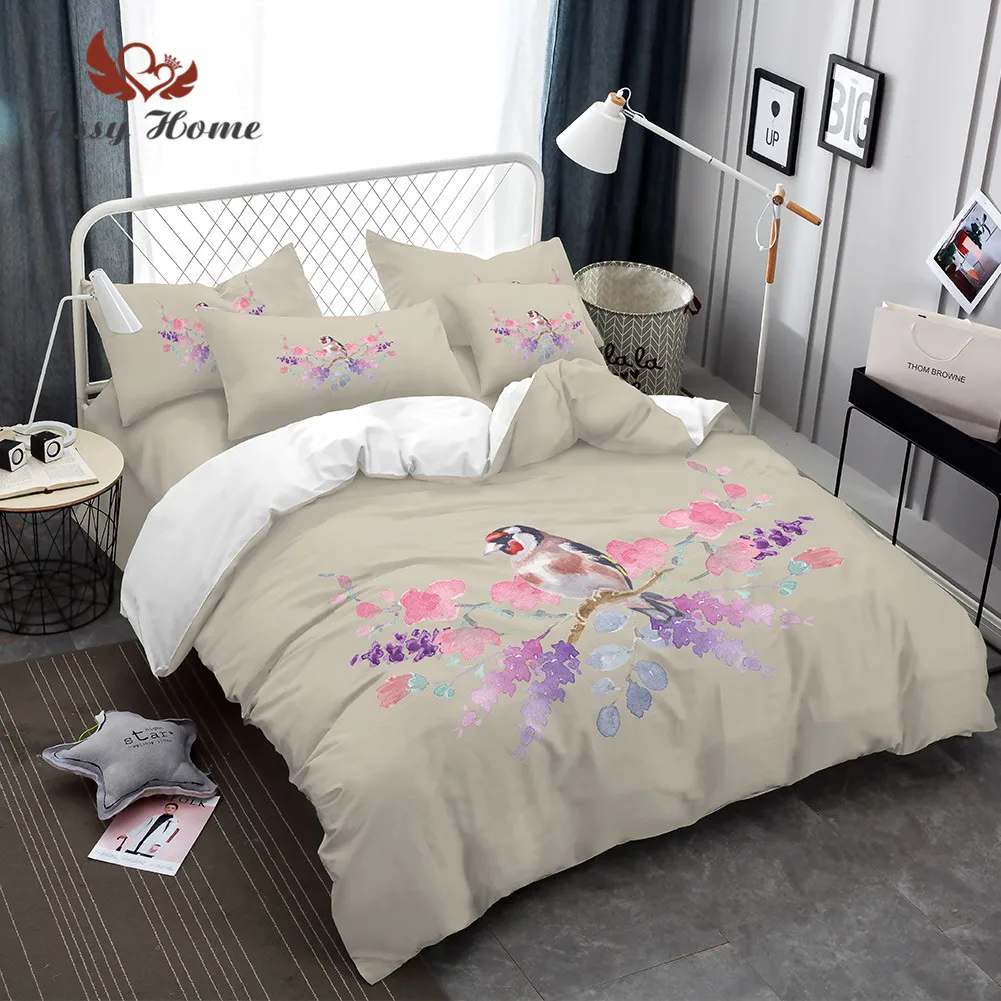 Bird Bedding Set Queen Size Pink Watercolor Flower Duvet Cover Cartoon Bed 3pcs US/AU/RU with Pillow Case M1445 | Дом и сад