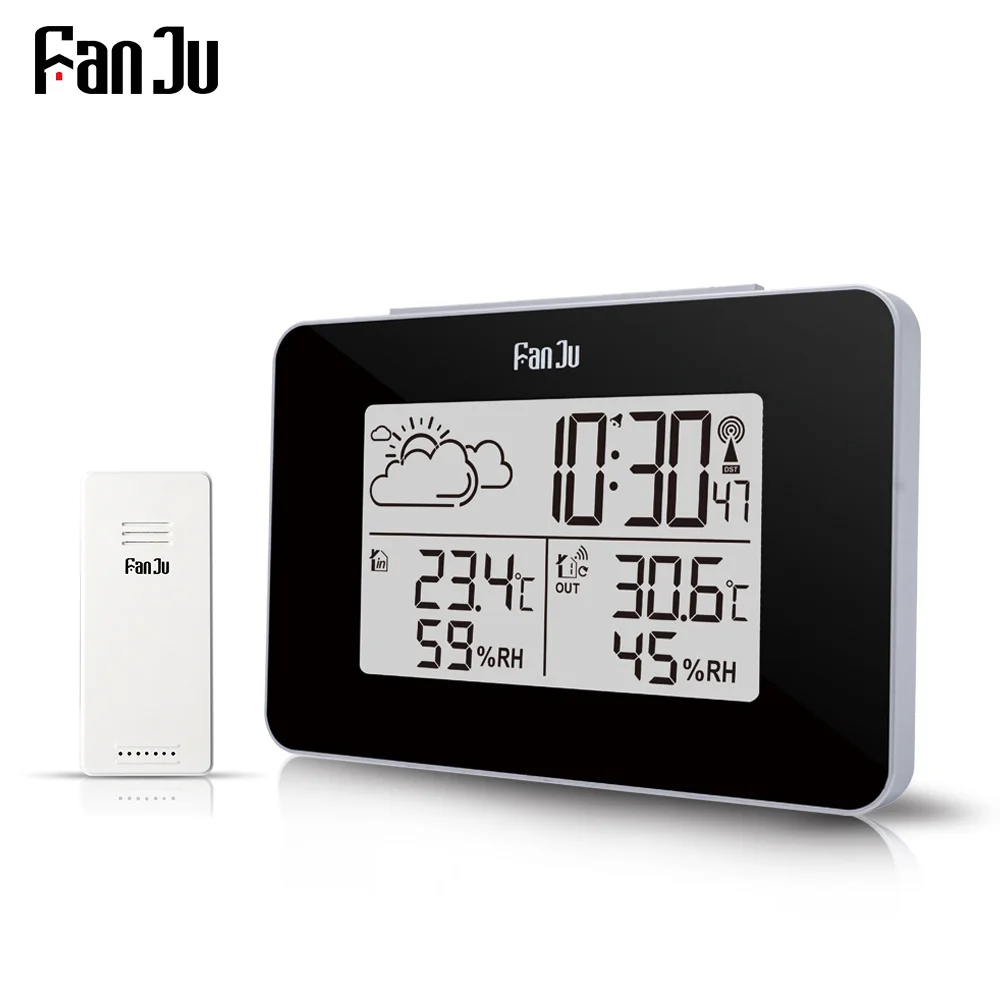 Черный FanJu FJ3364 светодиодный цифровой Метеостанция беспроводной датчик гигрометр термометр Многофункциональный будильник настольные часы Повтор - Цвет: Черный