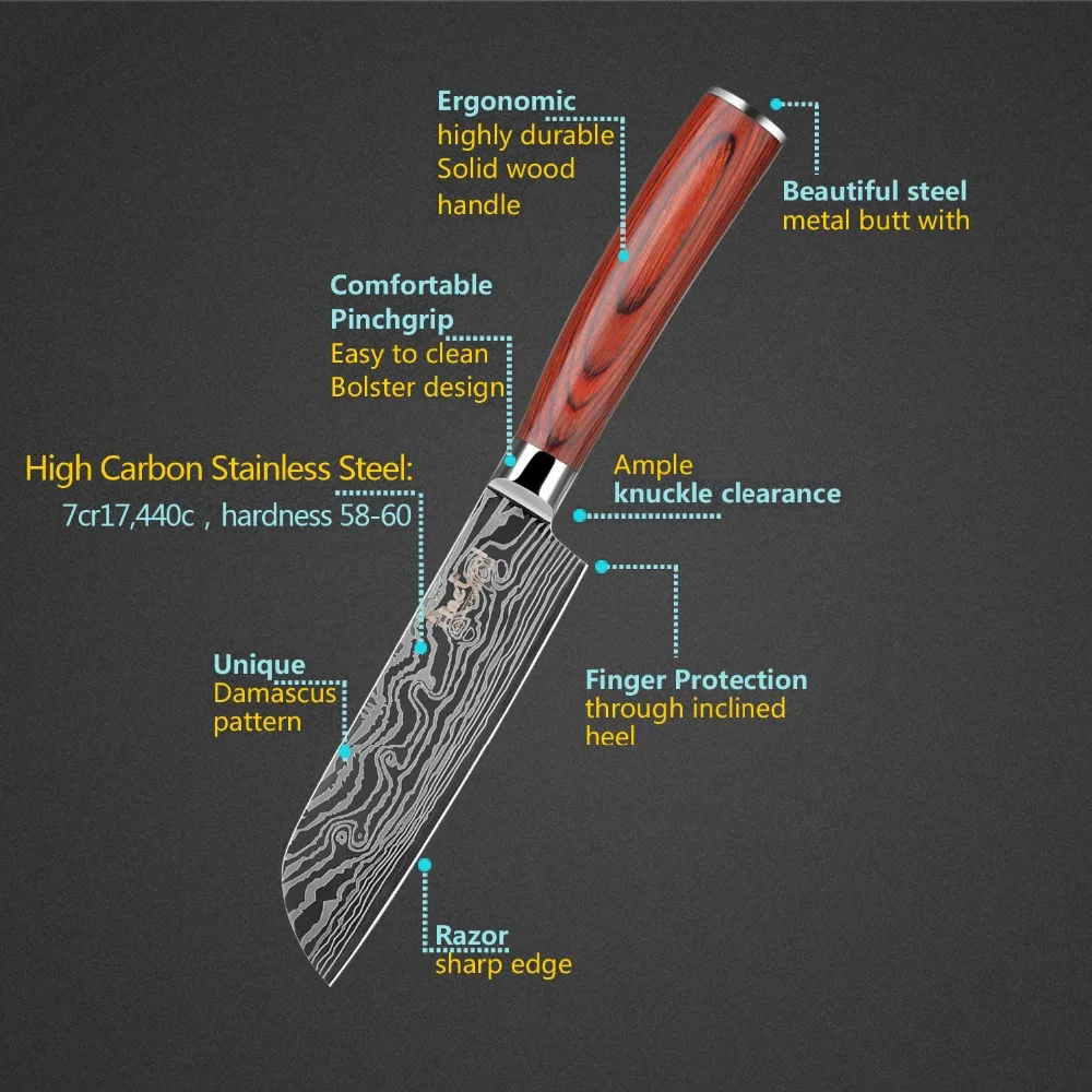 5 дюймовый нож Santoku японский 7CR17 из нержавеющей стали с цветной деревянной ручкой