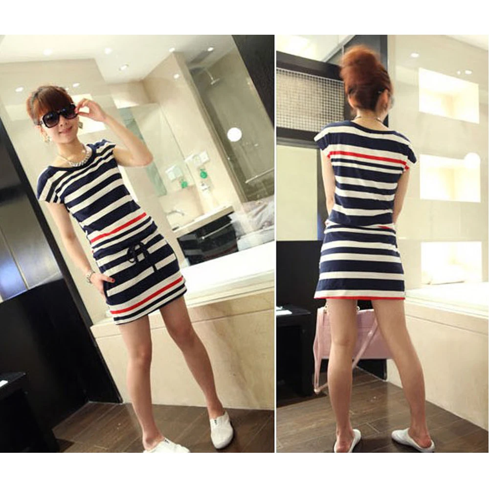 2016 Women Round Neck Navy Strip T-shirt Short Sleeve Skirt Slim Dress | Женская одежда