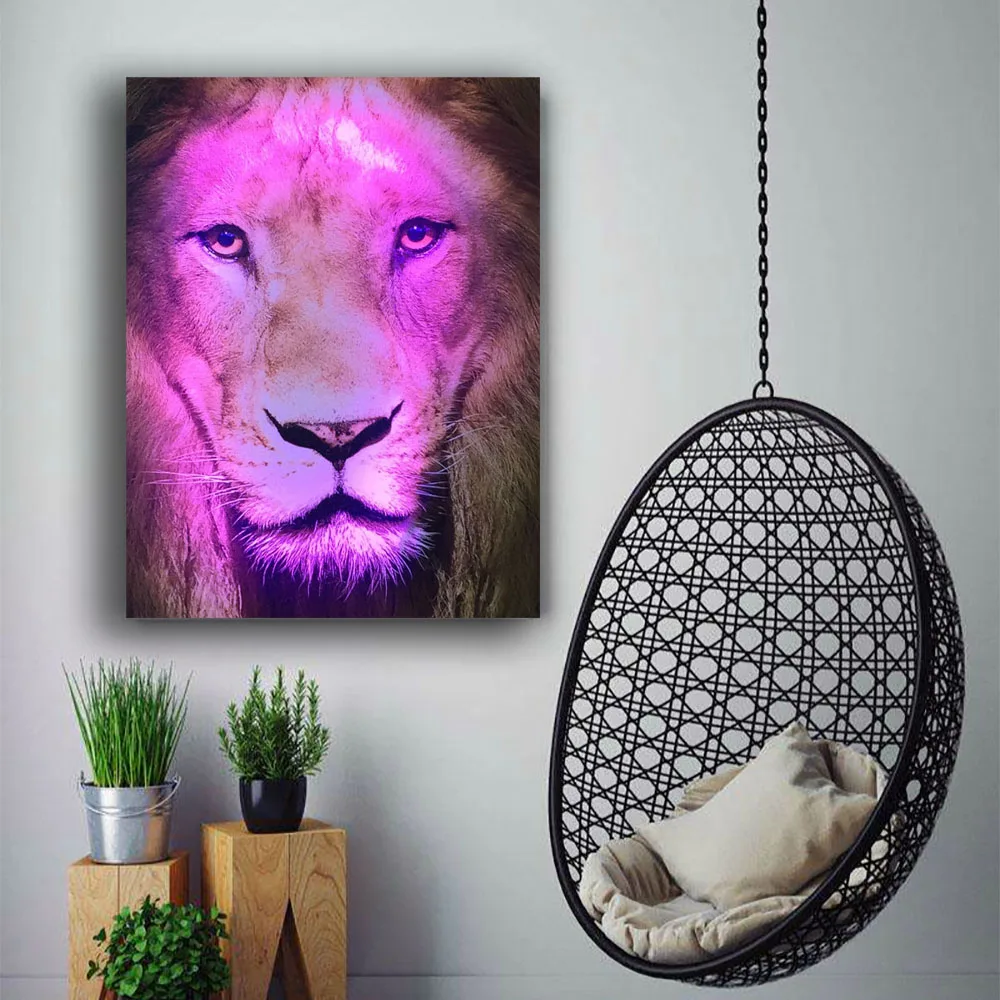 RGB Led холст Настенный декор Львиное лицо животное картина дистанционное