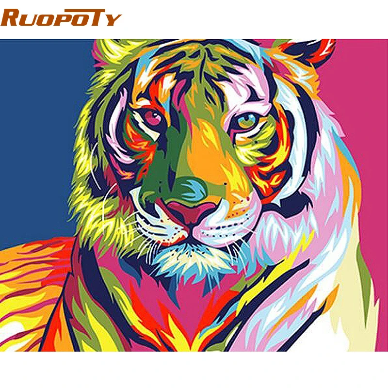 RUOPOTY diy рамка красочный Тигр DIY живопись по номерам животные Каллиграфия Живопись