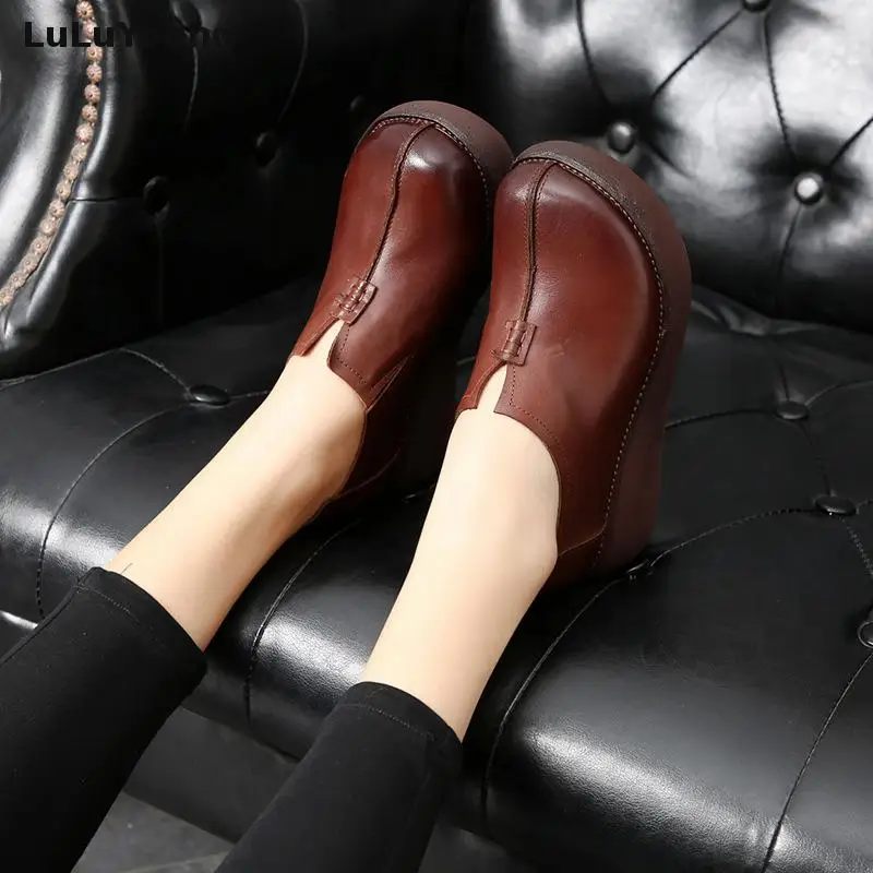 Туфли женские на платформе Натуральная Воловья кожа танкетка высокий каблук